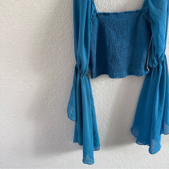 Teal Smocked Crop Top NWT Sheer Bell Sleeve Boho Cottagecore Festival Top M - Picture 4 of 16